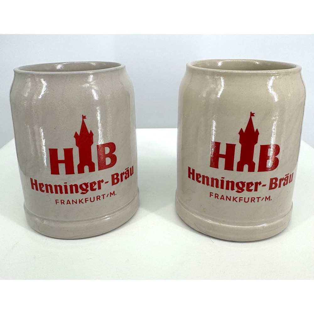 Vintage German‎ Stoneware Beer Steins Pair Henninger-Bräu Frankfurt/M